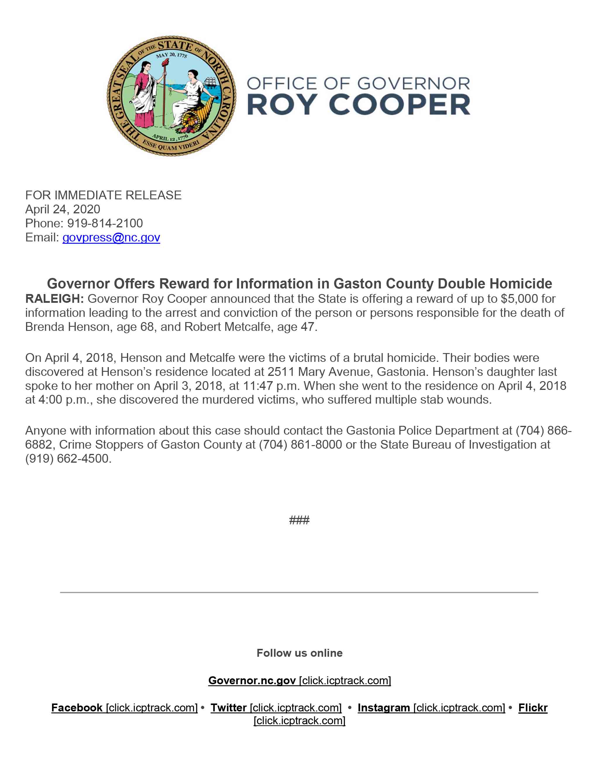 NR 2020 04 24 Governor Offers Reward for Information in Double Homicide