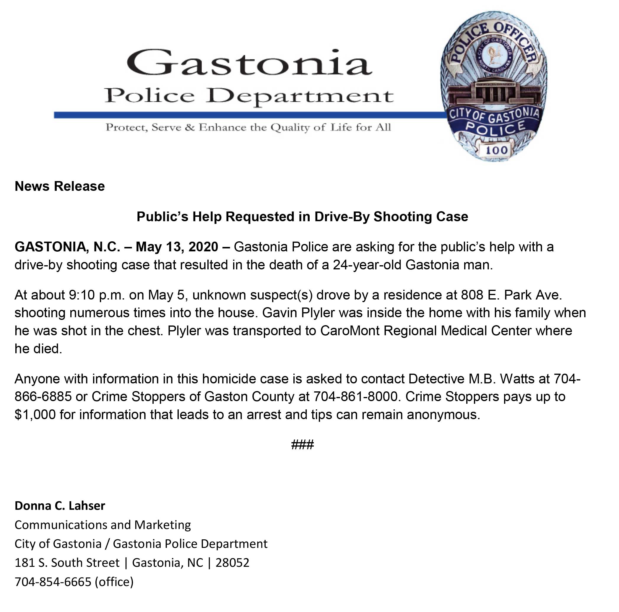 NR 2020 05 13 Publics Help Requested East Park Avenue Homicide