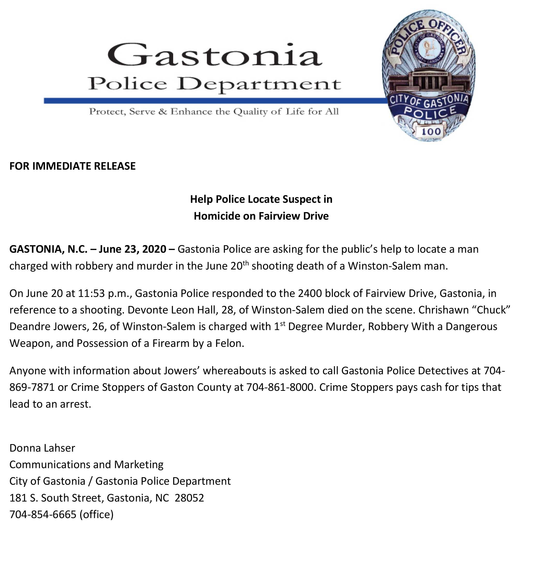 City of Gastonia June 23, 2020 Help Police Locate Suspect in Homicide