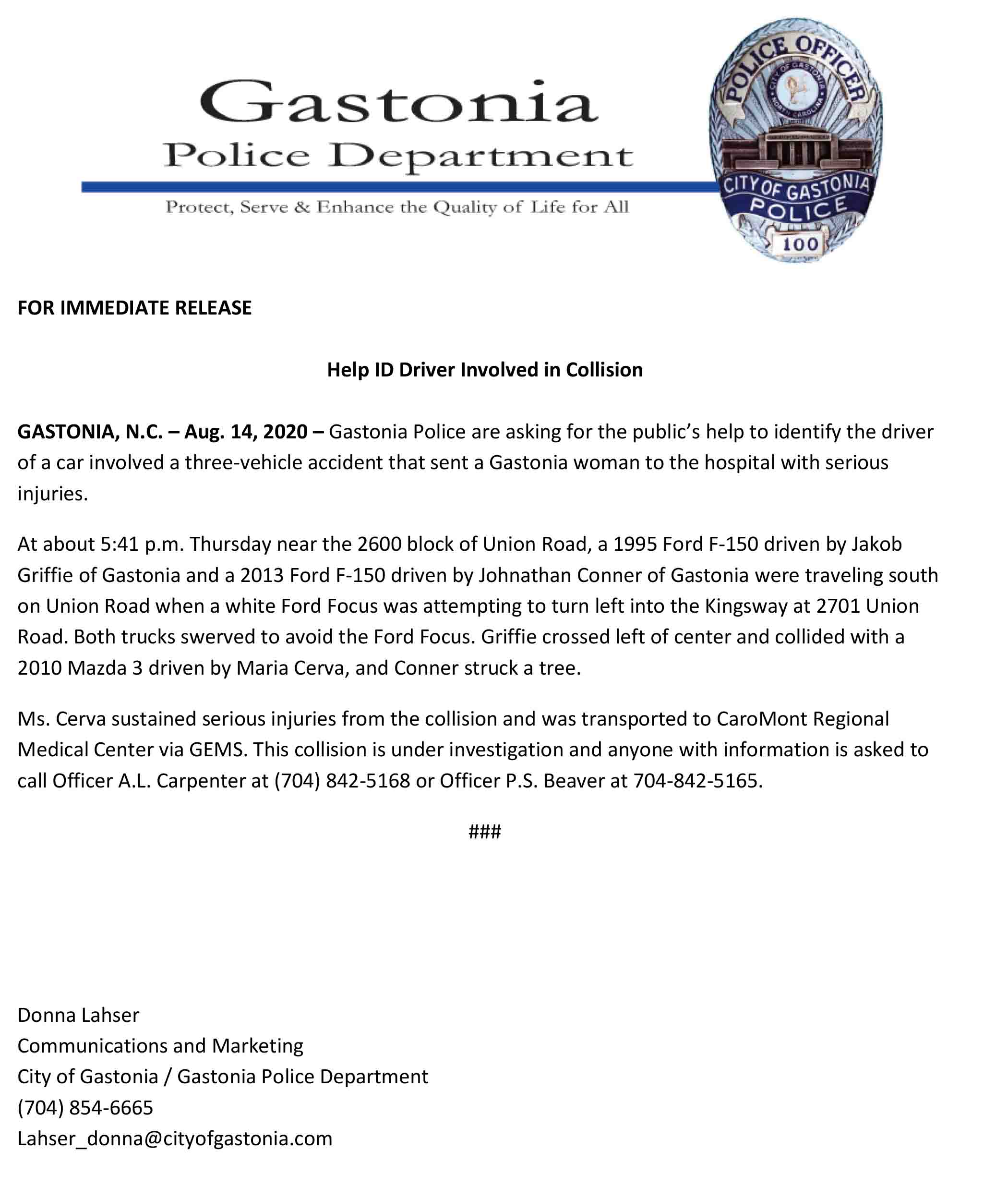 NR 2020 08 14 Help ID Driver Involved in Collision