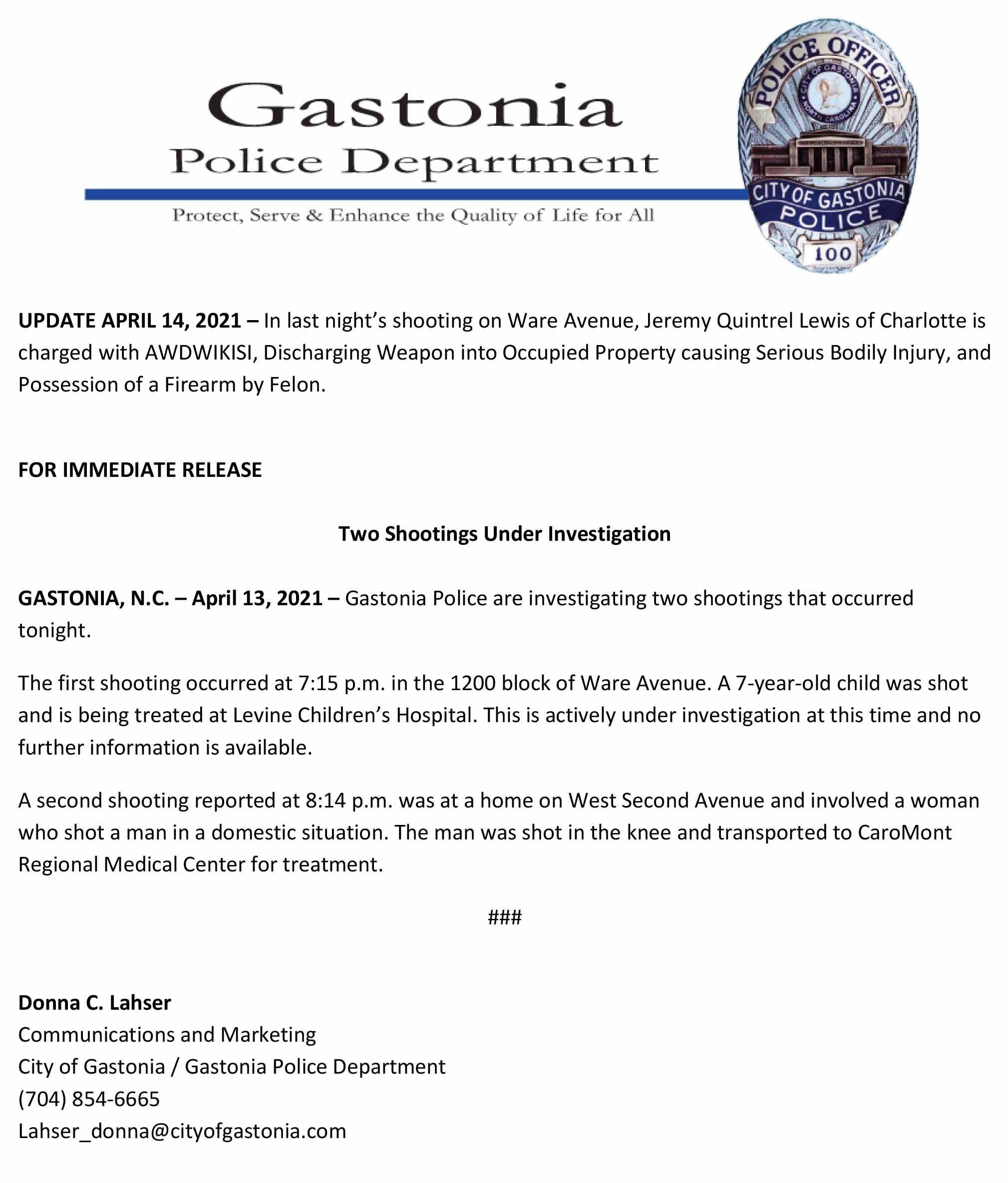 Gastonia Police Investigating Two Shootings