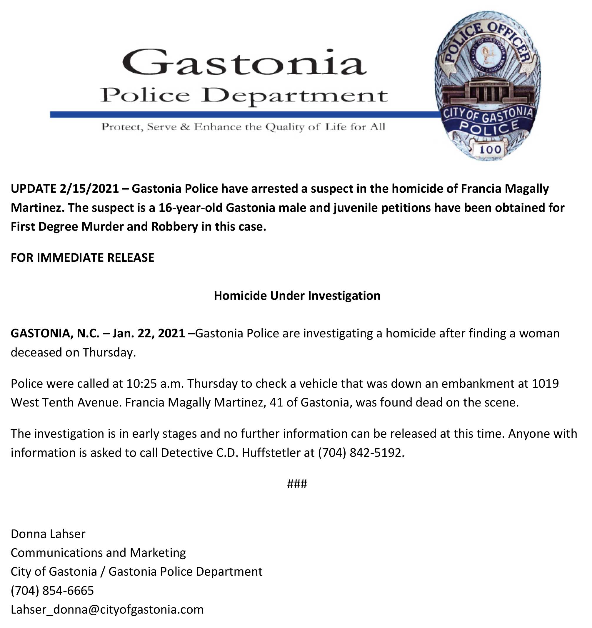 City of Gastonia Feb. 15, 2021 Arrest in Homicide and Robbery