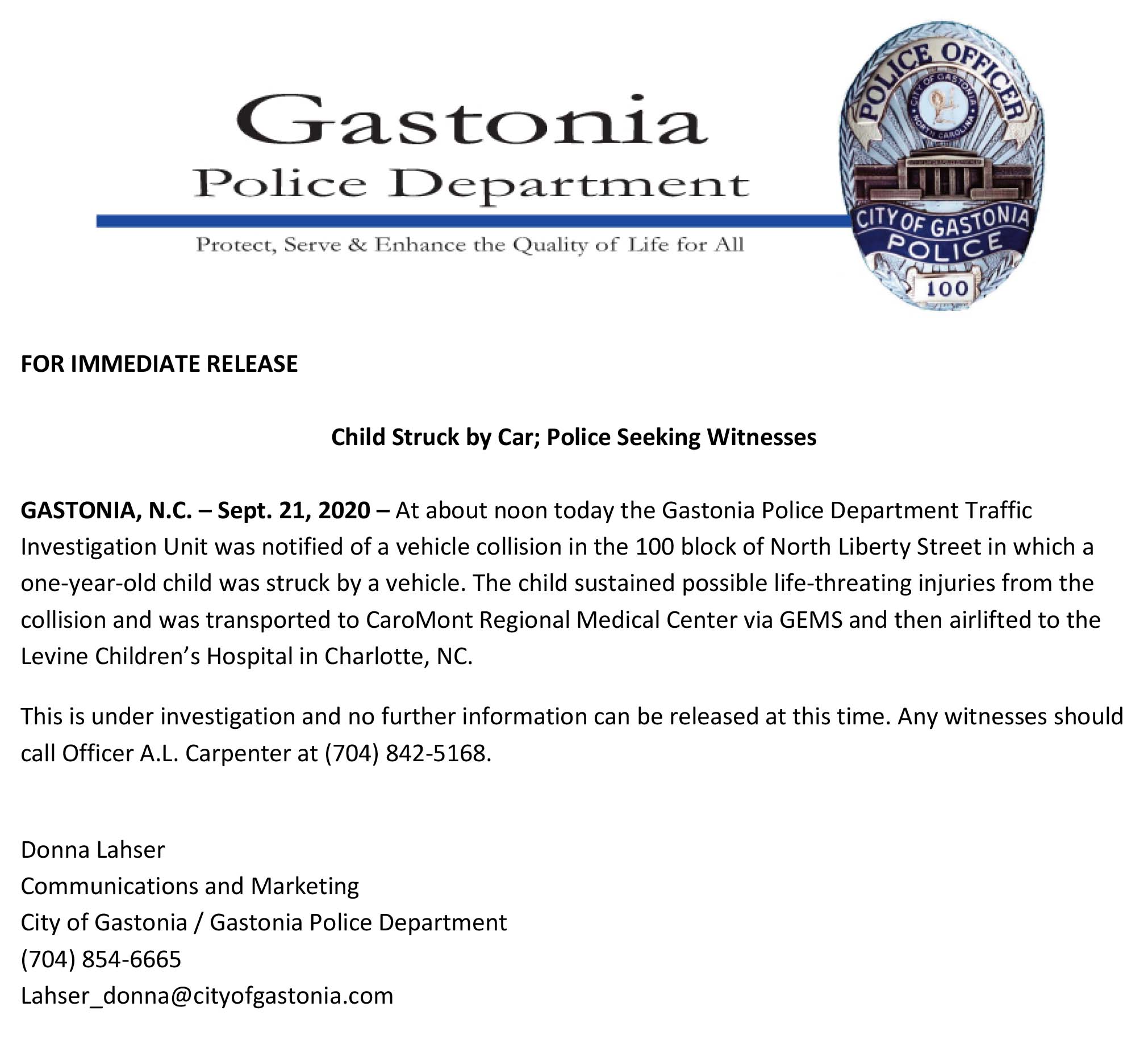 NR 2020 09 21 Child Struck by Car Police Seeking Witnesses