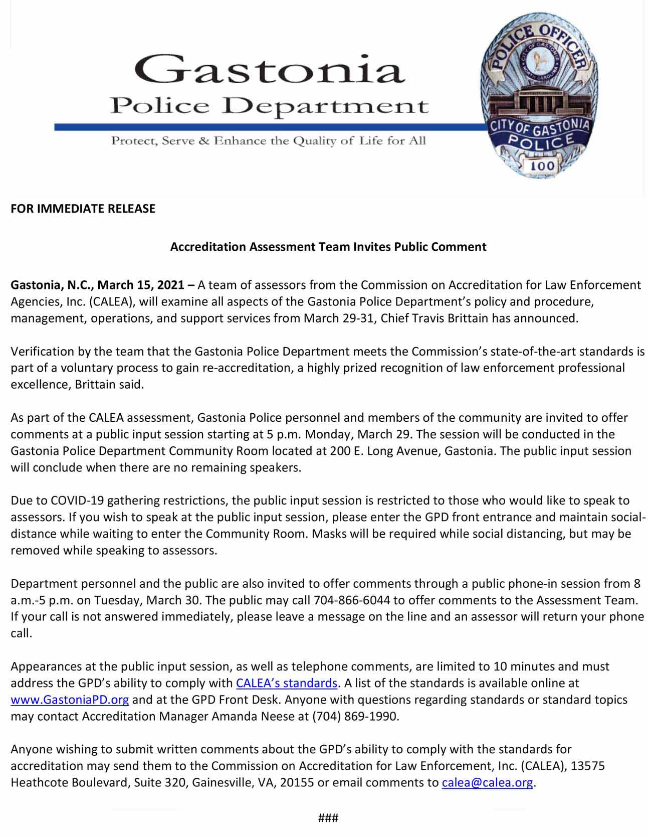 Public Input Invited in CALEA Assessment 2021 News Release