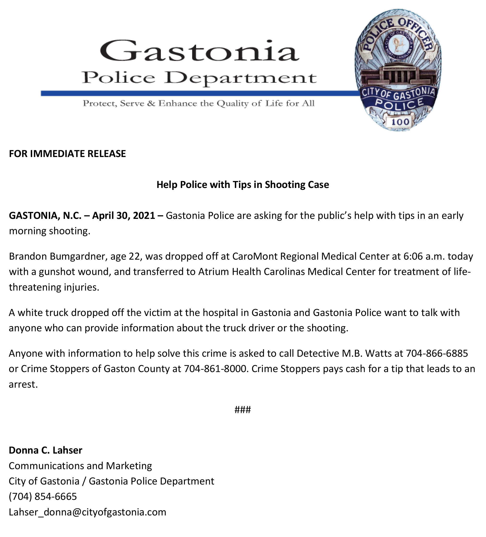 Publics Help Requested in Shooting April 30 2021