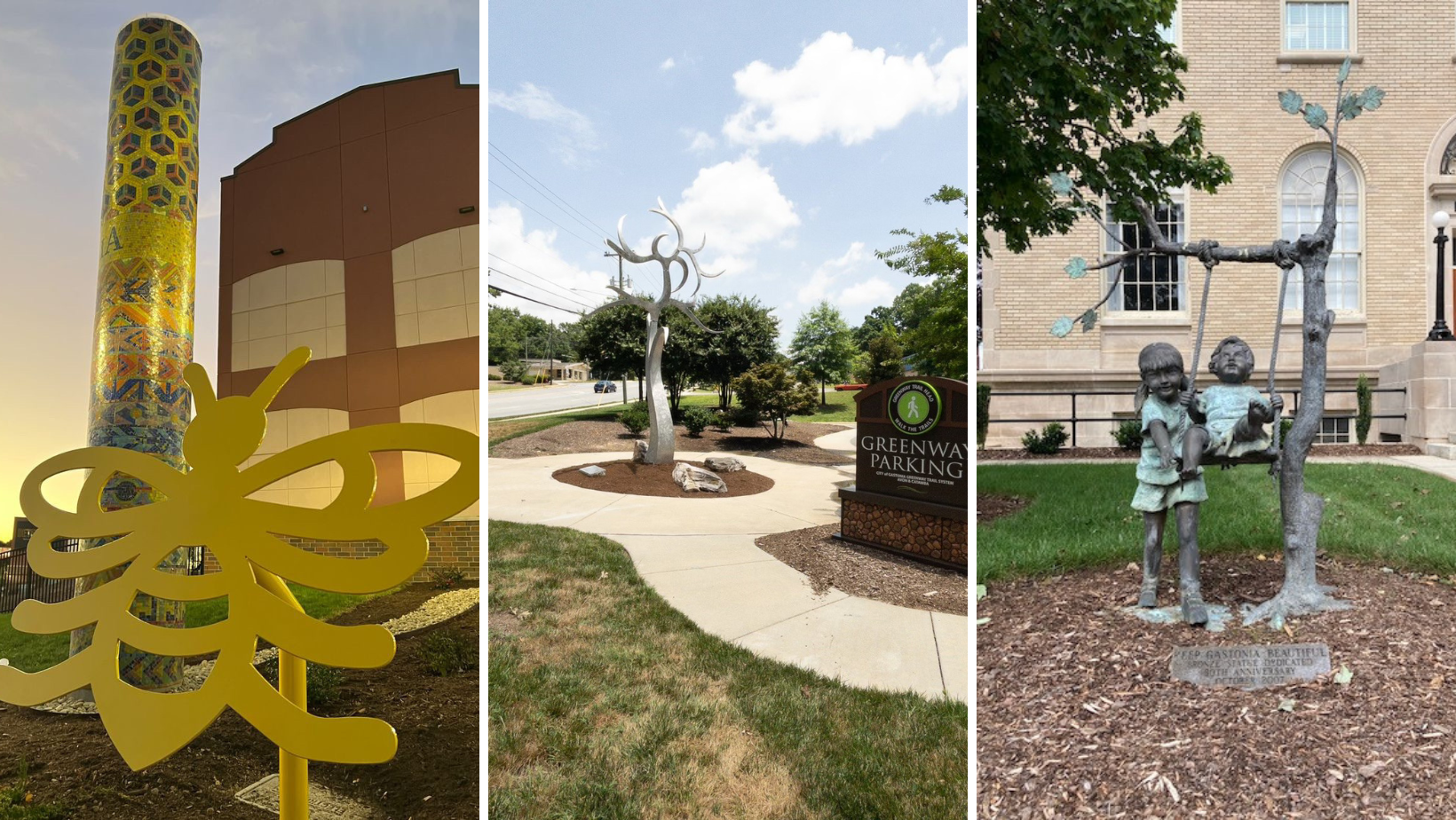frame with 3 pictures of public art:  mosaic piece, tree, and kids on swing