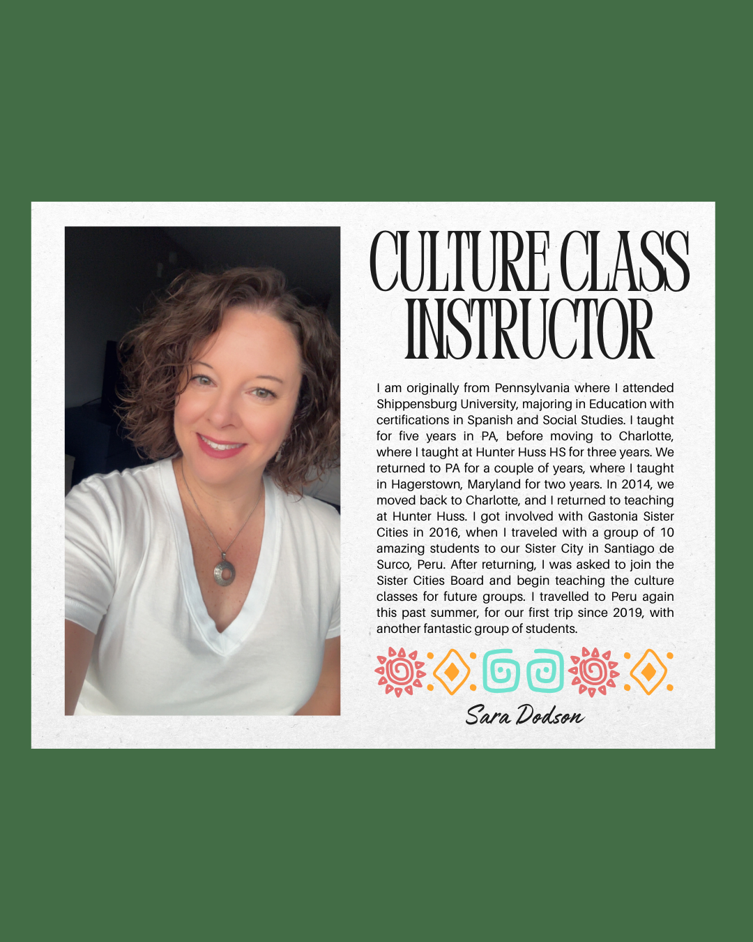 Learn about our Peru Cultural Class Instructor - Sara Dodson