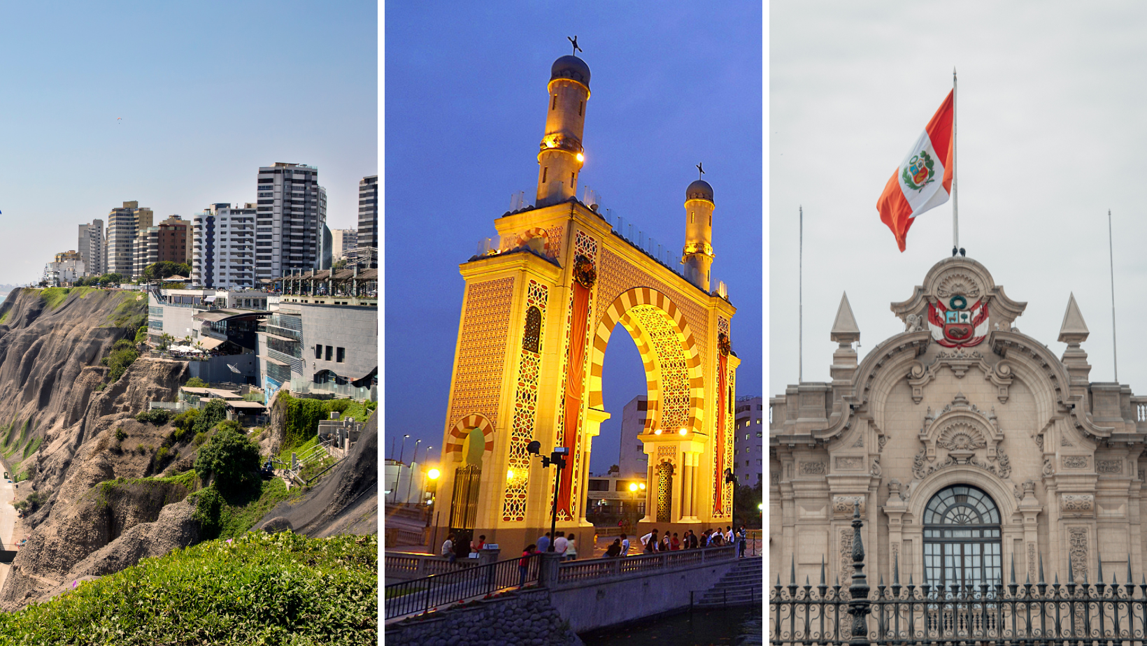 Three Pictures of Peru - one of the ocean, Friendship park in Surco, and one of downtown Lima, Peru